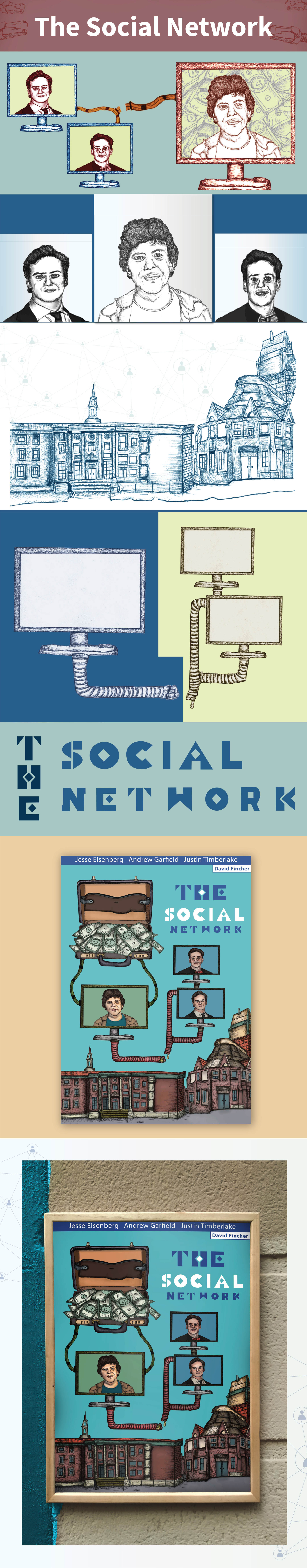The Social Network movie poster and digital illustration about the origins of Facebook